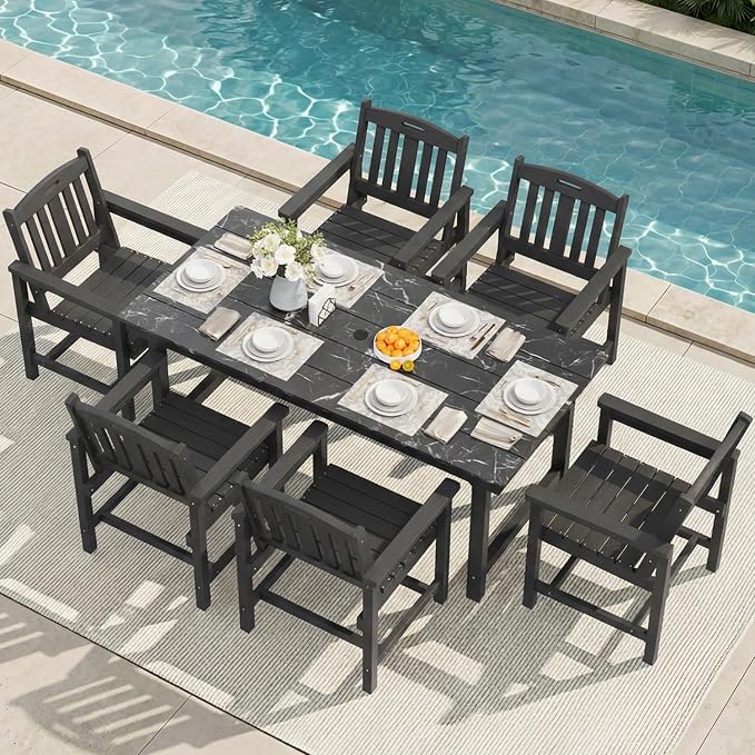 Mdeam 7-Piece HIPS Outdoor Dining Set, 66.9" Marble Texture Patio Table with Umbrella Hole, 440LBS Capacity, 6 Wider Chairs,Dining Table Set for 6, Outdoor Furniture with Galvanized Steel Frame, Black
