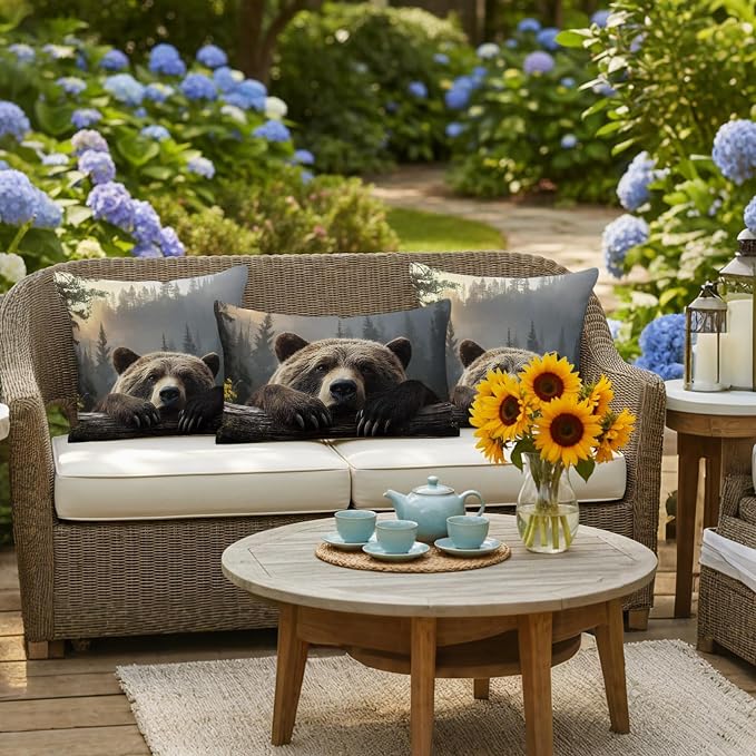 Bear Outdoor Pillow Covers 16"x16" Set of 2, Animal Wood Fence Forest Farmhouse Waterproof Throw Pillow Covers for Patio Furniture, Decorative Cushion Covers for Porch