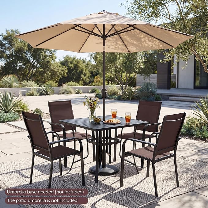 Tangkula 5 Pieces Patio Dining Set for 4, Outdoor Square Table and Stackable Chairs with Umbrella Hole, Outside Furniture Set for Backyard, Garden and Deck (37",Brown)