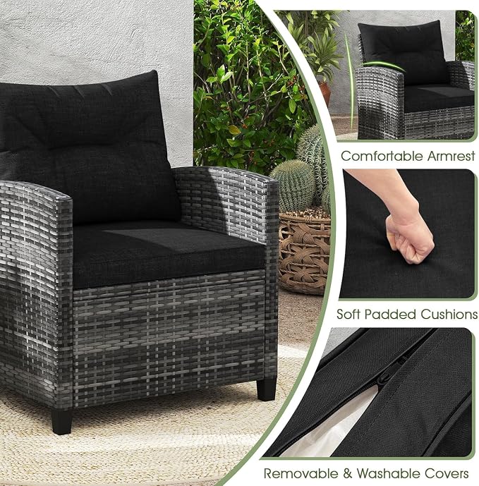LDAILY Patio Furniture Set, 3 Pieces PE Rattan Wicker Patio Sofa Chairs with Washable Cushion & Glass Table, Outdoor Furniture Conversation Sets for Porch, Balcony, Garden, Poolside (Black)