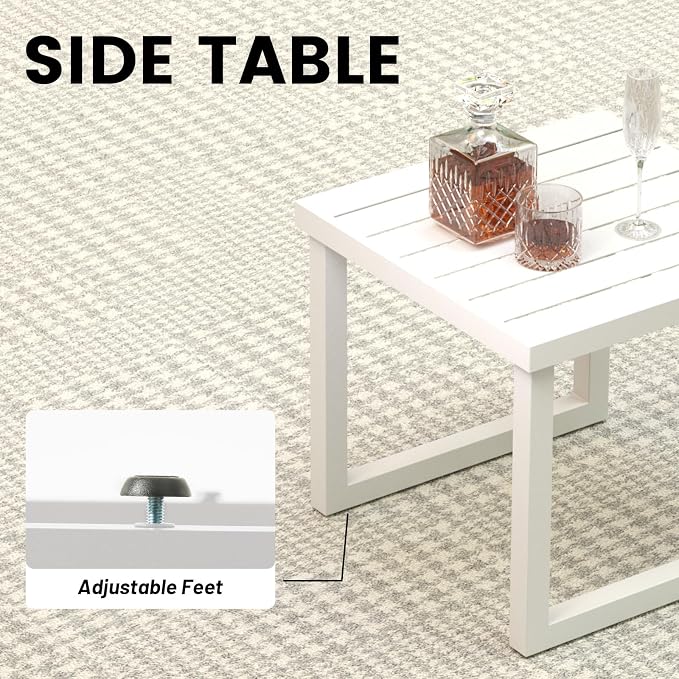 5-Seat Aluminum Patio Conversation Set with Corner Sofa & 37,000 BTU Fire Pit Table, All-Weather Outdoor Sectional Furniture with Glass Wind Guard – White for Balcony, Backyard, Garden
