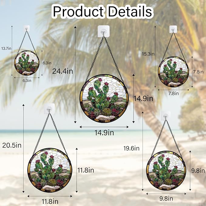 DASTOLL Stained Glass Window Hanging,Green Cactus Purple Flowers Suncatcher Diamond Glass Panel Sun Catchers Decor for Birthday for Women, Men, Wife, Aunt, and Mom 14.9x14.9 in
