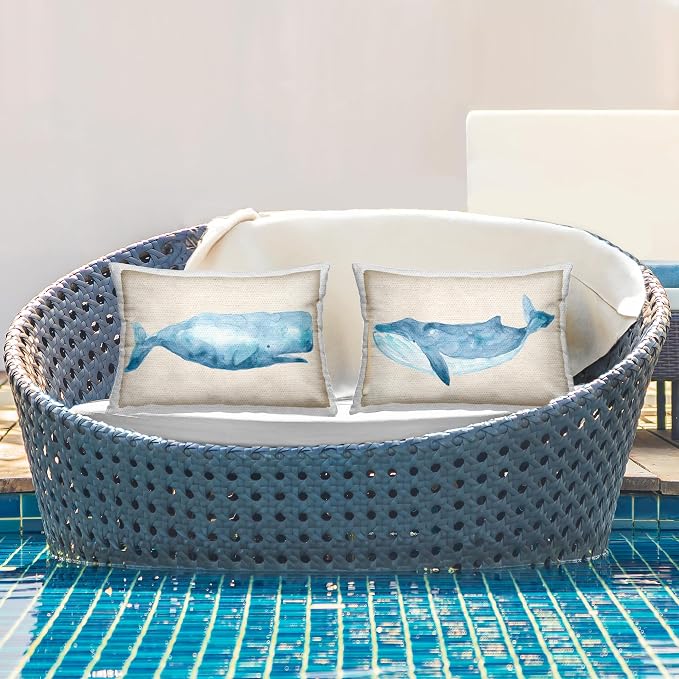Stupell Industries | Blue & Beige Whales, 14 x 20 Each | 2pc Outdoor Pillow Set, Made in USA - By June Erica Vess