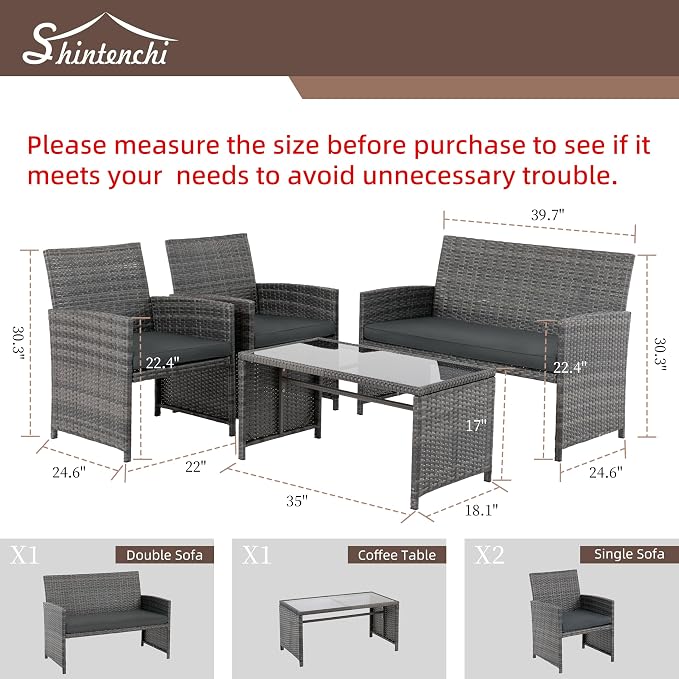 4 Piece Patio Ratten Set Outdoor Furniture Set Wicker Conversation Set with Cushions and Tempered Glass Tabletop,Grey