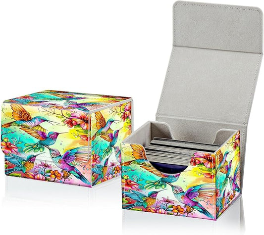 Card Deck Box for MTG, Cards Storage Box Fits 120+ Sleeved, Leather Small Size Strong Magnetic Closing Card Case for Board Games Magic TCG CCG Baseball Collection, Four Birds Flowers