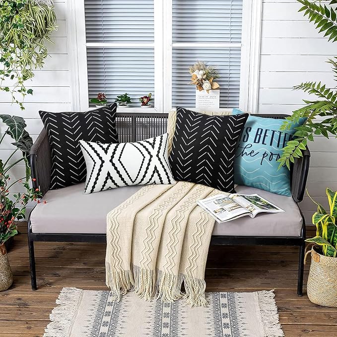 Adabana Geometric Waterproof Outdoor Pillow Covers 16x16 Black and White | Set of 2 Waterproof Design for Patio, Porch, Garden and Beach Decor