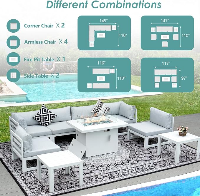 RADIATA 9 Pieces Aluminum Patio Furniture Set with Fire Pit Table, Morden Outdoor Sectional Sofa, Large Conversation Seat with Thick Cushion for Garden Backyard Deck Porch (White)