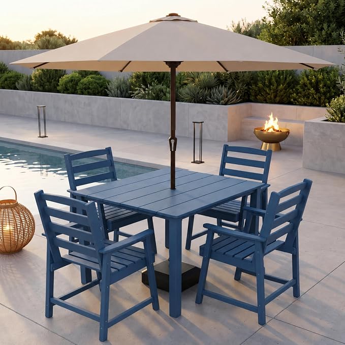 HDPE Outdoor Dining Set for 4, Armchairs, Navy | All-Weather HDPE, Wood Grain Finish, 42.5" Square Table, Built-In Umbrella Hole, Seats 4, Patio & Poolside Ready