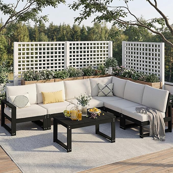 Outdoor Furniture with Cushions, Patio Furniture Set, 7-Piece L Shaped Outdoor Couch Sets 6 Seats, HDPE Patio Sectional Sofas for Porch, Deck, Backyard, Black