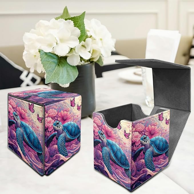 Pink Flower Turtle Card Deck Box for MTG, Personalized Card Storage Case Fits 120+ Sleeved Cards, Premium Leather TCG Box with Strong Magnetic Closure for Magic, CCG, PTCG, Baseball Cards