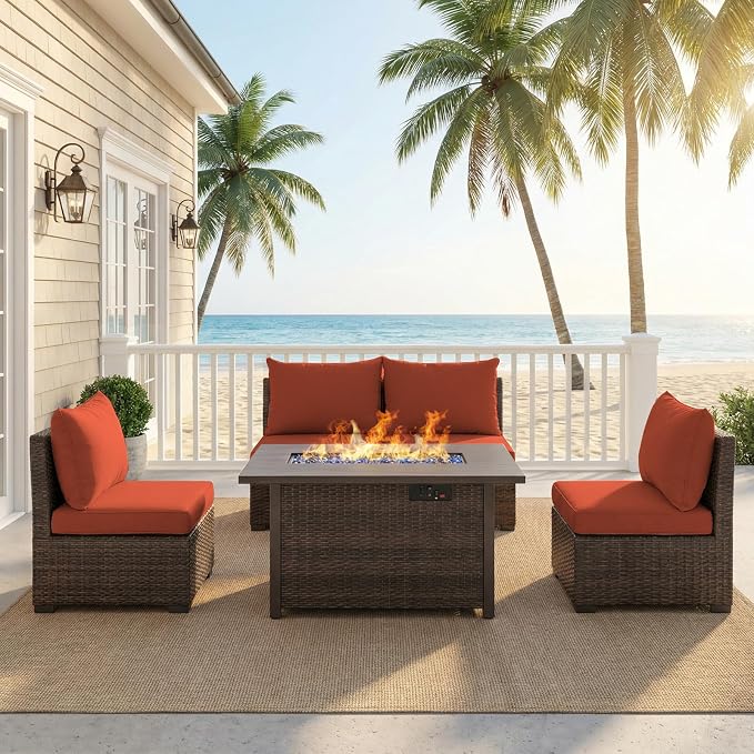 5 Pieces Patio Furniture Set with Fire Pit Table, Outdoor PE Rattan Sectional Sofa with Soft Cushions for Backyard, Porch, and Poolside (Red, 5 PCS w/Firepit)