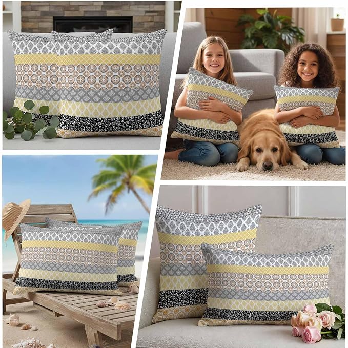 Geometric Bohemia Outdoor Waterproof Throw Pillow Covers Set of 2, 20"x12", Stripes Brown Yellow and Black Decorative Pillow Covers Outside Cushion Case for Patio Porch Garden