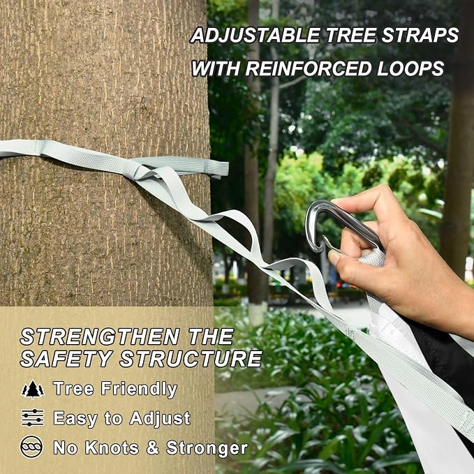 Black White Stripes Camping Hammock, Portable Lightweight Single Hammock with Tree Straps and Aluminum Carabiners, 114" x 54" Travel Hammock for Hiking Backpacking Beach
