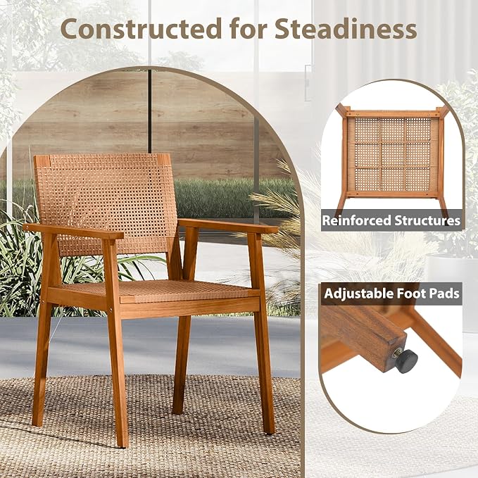 Tangkula 5 Pieces Acacia Wood Outdoor Dining Set, Outdoor Wood Table and Rattan Chairs for 4, Patio Dining Sets for Balcony Poolside Garden Backyard
