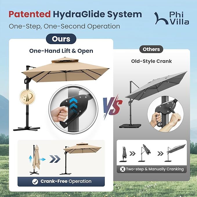 PHI VILLA 9' x 12' Rectangular Cantilever Patio Umbrella with Hydraulic Lift & 360° Rotation – Heavy Duty Windproof Offset Umbrella for Pool, Deck or Garden, Beige