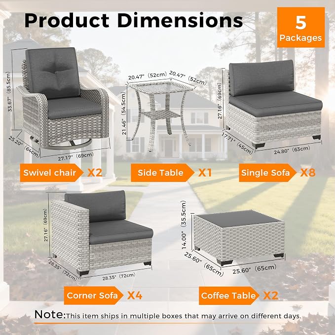 14-Seat Modern Patio Furniture Set with Swivel Rocking Chairs, Thick 4″ Cushions, Dual-Strand Wicker Rattan, Rust-Resistant Steel Frame – Outdoor Conversation & Modular Sectional,Black