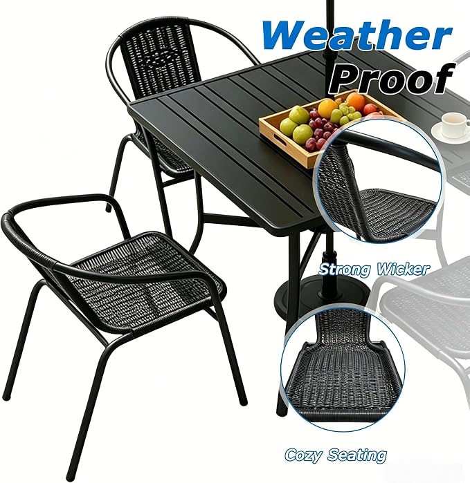 Outdoor Patio Furniture Set 5 Piece with 4 Stackable Black Rattan Chairs and Black Outdoor Metal Dining Table with Umbrella Hole