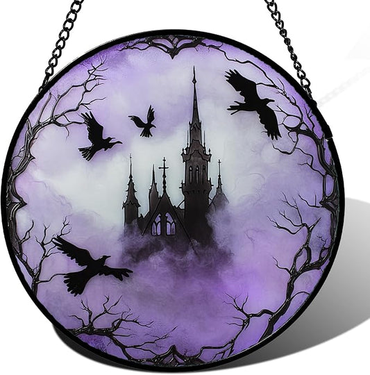 Stained Glass Window Hanging - Halloween Gothic Castle Purple Smoke Suncatcher for Doors Garden Home Spooky Crow Sun Catchers Gothic Decor Horror Gift for Women Men Friend Boy Girl 9.8 in
