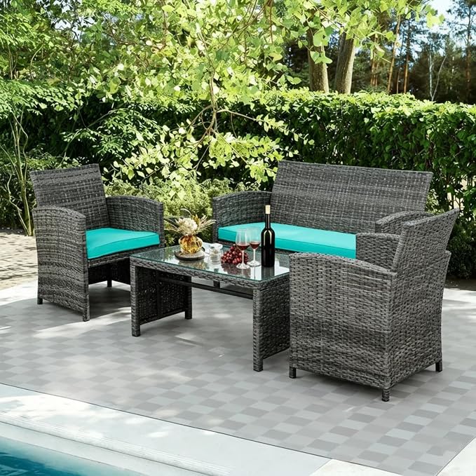 JAMFLY 4 Piece Outdoor Patio Furniture Set, Outdoor Wicker Rattan Chairs Conversation Sets with Cushions & Coffee Table for Outside, Garden, Balcony, Porch, Blue