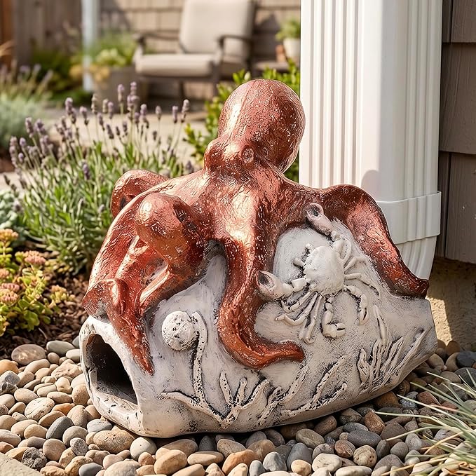 Teaeeno Octopus Downspout Extender Statue - Outdoor Garden Decor, Drain Pipe Cover with Crab & Coral Design - Durable Resin for US Lawns, Patios, and Yards (Red)