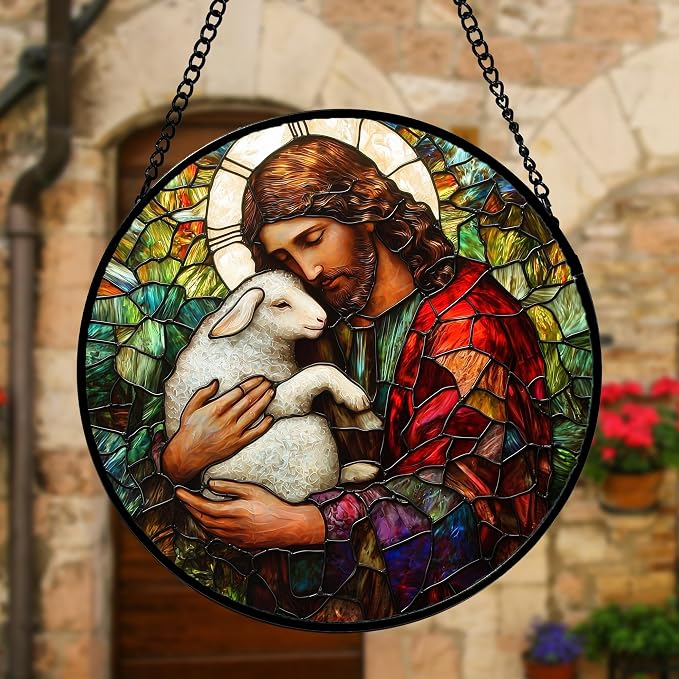 DASTOLL Stained Glass Window Hanging, Jesus Little Lamb Sun Catchers Colorful Glass Panel Christianity Suncatcher Decor for Birthday for Women, Men, Wife, Aunt, and Mom 6.3 in