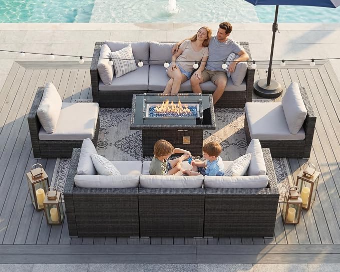 BULEXYARD 9 Piece High Back Outdoor Sectional Seating with Fire Pit Table, Heavy Duty Sturdy Wicker Patio Set Conversation Couch Sofa, Extra Wide Deep Large 8-Person Deck Furniture Set, Light Grey