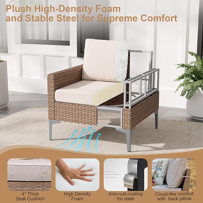 JOYURE 4-Piece Patio Furniture Set,Outdoor Wicker Patio Conversation Set with Tempered Glass Table,All-Weather Rattan Sectional Loveseat&Chairs with Thick Cushions for Garden,Deck,Backyard-Beige