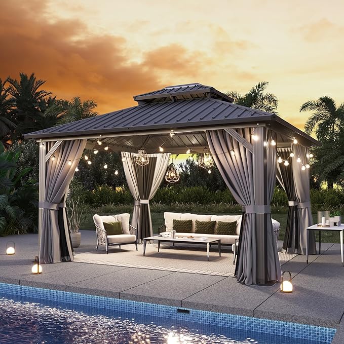 Aoxun 12x14 Hardtop Gazebo, Aluminum Frame Outdoor Gazebo with Double Galvanized Steel Roof, Large Patio Pavilion with Netting and Curtains, Backyard Gazebo for Patio Deck Garden