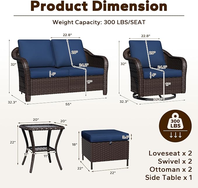 6 Piece Patio Wicker Conversation Set, All-Weather Use Outdoor Wicker Loveseat with 2 PE Rattan Ottomans,2 Swivel Chair, 1 Side Table, Ideal for Porch, Backyard, Balcony, Poolside, Blue