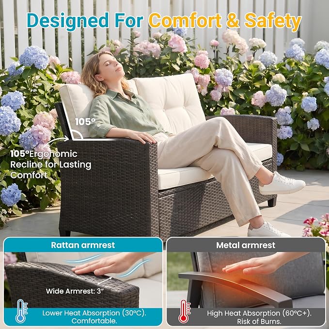FansaFurn 4 Piece Outside Furniture, Wicker Patio Furniture Set, All Weather Outdoor Patio Sofa with Cushion and Acacia Wood Table, Outdoor Sofa for Backyard, Porch, Lawn, Patio, Deck, Garden, Beige