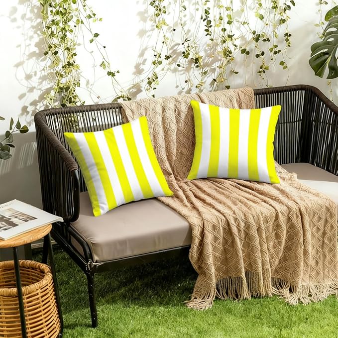 22x22 Inch Outdoor Pillow Covers Set of 2 Waterproof Throw Pillow Covers Decorative Couch Cushion Covers Yellow White Striped Square Pillowcases Protectors for Patio Garden Sofa