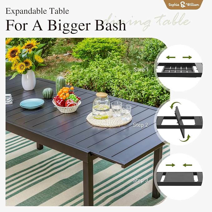 Sophia & William Patio Table and Chairs Set, Outdoor Dining Set for 8, 9 Piece Metal Patio Furniture, 99" Expandable Black Rectangular Table(Geometry)