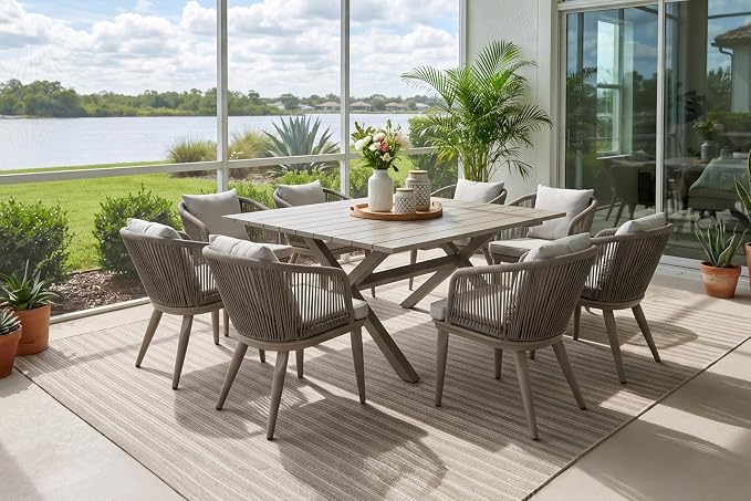 PURPLE LEAF 9 Pieces Outdoor Metal Furniture Set Patio Conversation Sets Dining Set, 1 Square Dining Table and 8 Modern Chairs with Cushions Seat Champagne