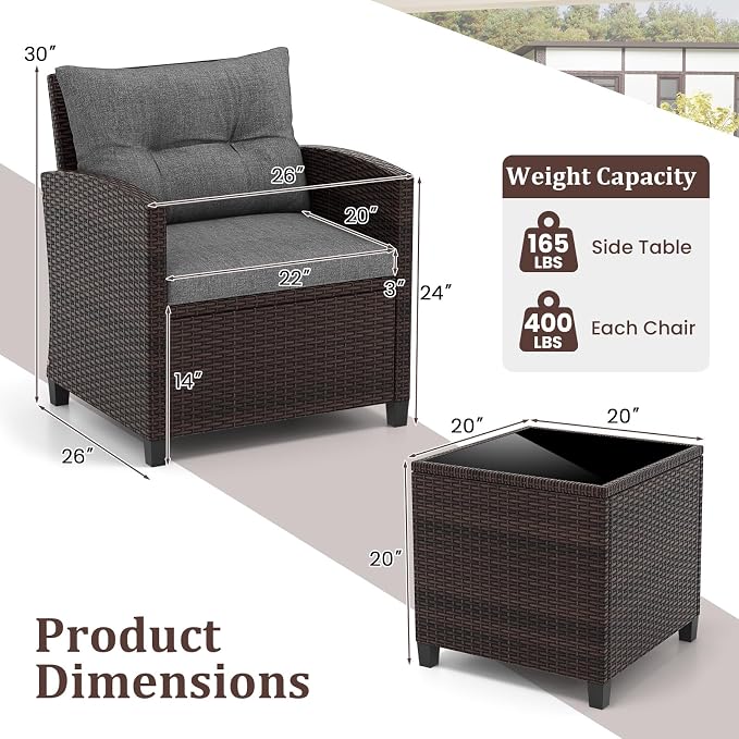 3 Pieces Wicker Patio Furniture Set, Outdoor Sofa Set with Water-Resistant Cushion & Tempered Glass Table, Outdoor Conversation Set Bistro Set for Garden, Balcony, Poolside(Gray)