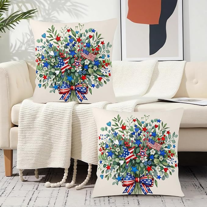 Eucalyptus Patriotic Pillow Covers Red White and Blue July 4th Throw Pillow Covers 16x16 Set of 2 Summer Stars and Stripes Memorial Day Outdoor Pillow Cases for Home Bedroom