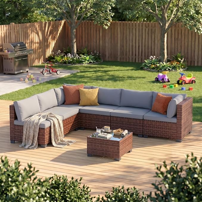 Ahomly 7-Piece Patio Furniture Set, Outdoor Sectional Couch with Water-Resistant Cushions & Coffee Table, PE Rattan Outdoor Patio Sofa Set for Backyard, Deck, Garden, or Porch, Grey