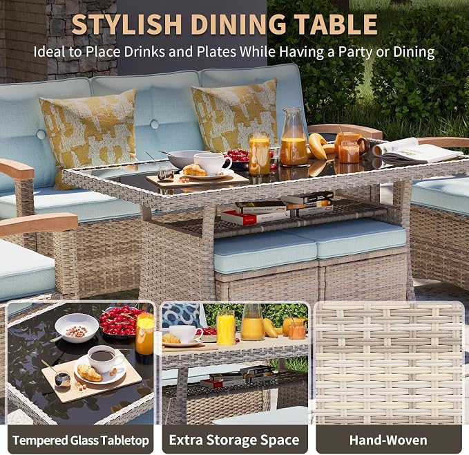 MEISSALIVVE 7 Pieces Patio Furniture Sets, PE Wicker Outdoor Conversation Sets with 2 Wood Armrests Swivel Rocker Chairs, 2 Ottomans, 2-seat Sofa and Dining Table (Blue)