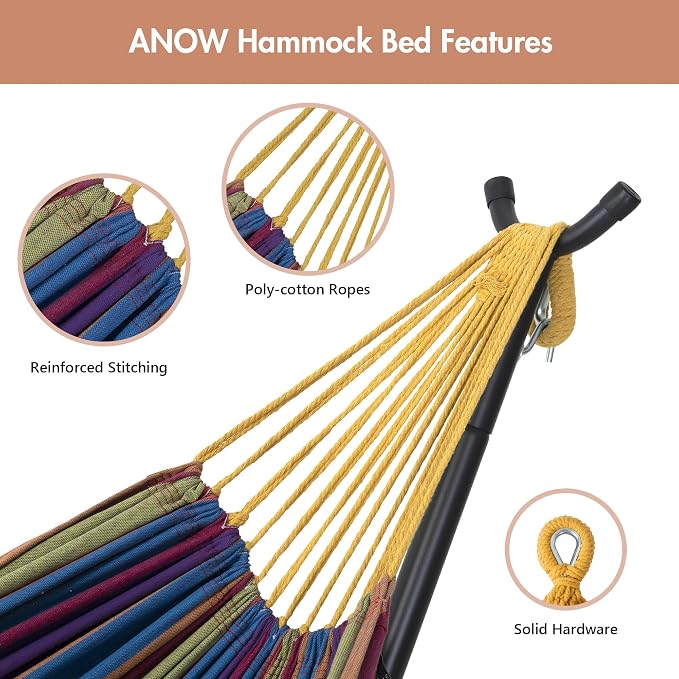 ANOW Double Hammock with Stand for Outside, Portable Space Saving Hammock Stand with Adjustable Height for Indoor Outdoor, 475 Lbs Capacity, Rainbow Stripes