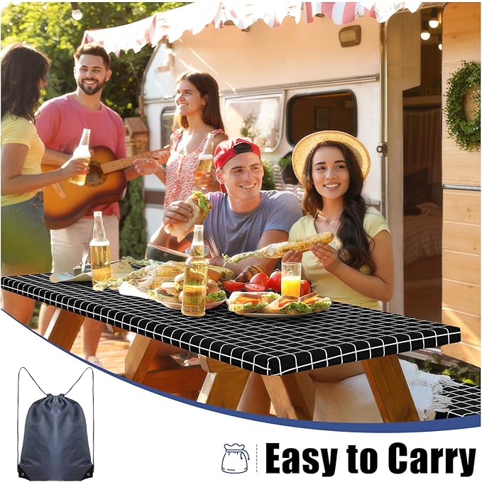 Smiry Picnic Table Cover with Bench Covers, Waterproof Elastic Fitted Tablecloth for 8 Foot Tables, Washable Polyester Tablecloths for Camping, Indoor & Outdoor (Black & White, 30x96 Inch 3-pc Set)