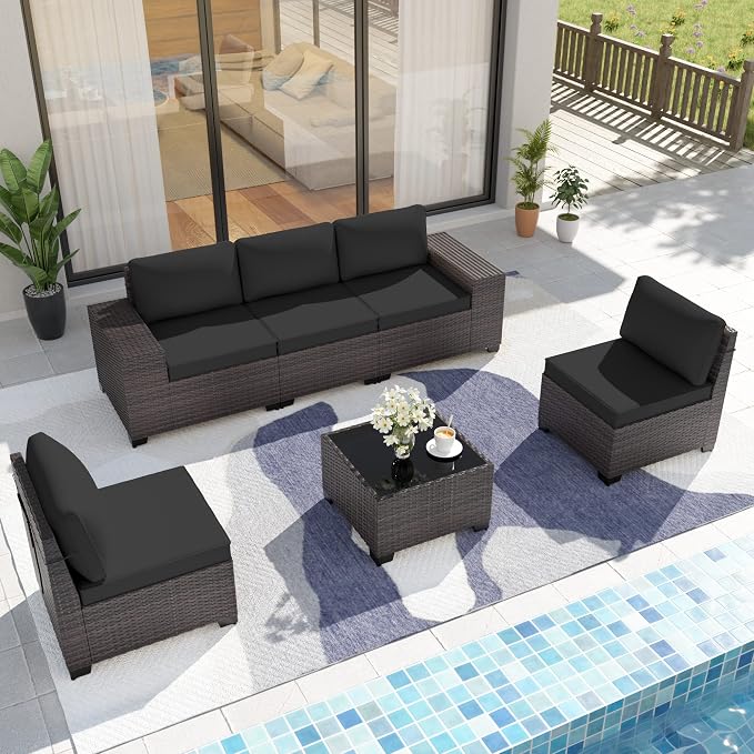 Kurapika 6 Pieces Patio Furniture Set, Rattan Wicker Outdoor Conversation Sets w/4 Inch Cushion and Glass Coffee Table(Black)