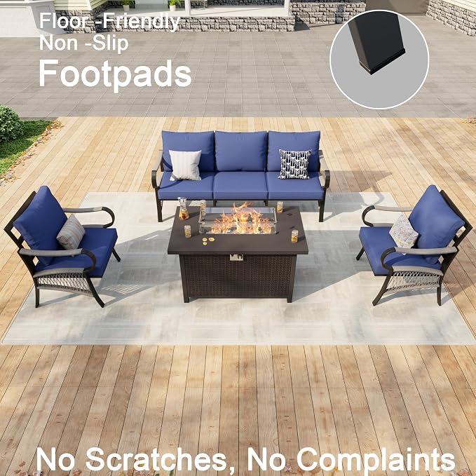 4 Pieces Patio Furniture Set, Metal Outdoor Conversation Sets with Fire Pit Table for Backyard Garden Deck Porch Poolside (Thick Blue Cushions)