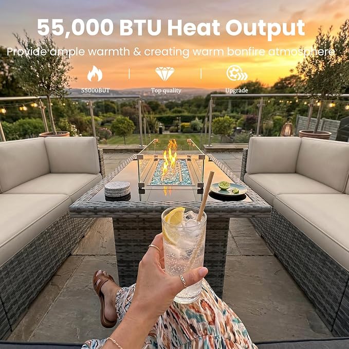 10 Pieces Patio Furniture Set with 44" Propane Gas Fire Pit Table, Outdoor Sectional Wicker Conversation Sofa Sets with Coffee Table