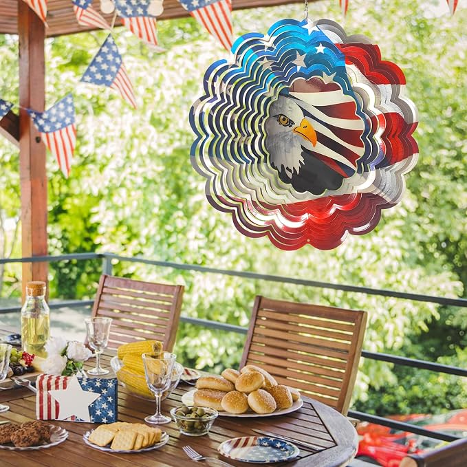 3D Eagle Wind Spinner, America 250 Independence Anniversary Patriotic Decor, USA Flag Bald Eagle Design, 12In Metal Hanging Wind Sculpture for 4th of July, Memorial Day, National