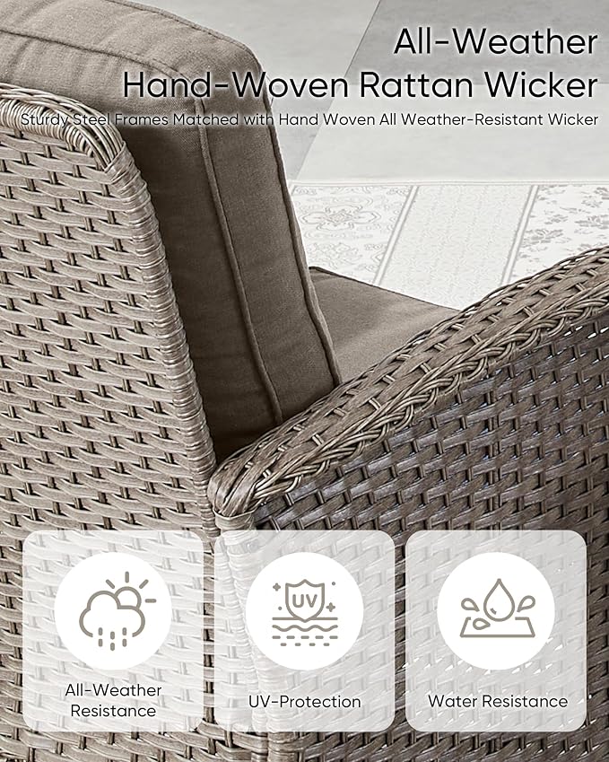 HUMMUH 7 Pieces Outdoor Furniture Set-All Weather Wicker Rattan Couch with Outdoor Rocking Chair Patio Furniture for Deck Lawn Porch Balcony Poolside-Grey/Grey