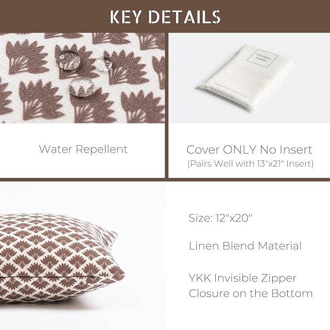 Modern Farmhouse Fall Linen Indoor Outdoor Lumbar Pillow Cover Only, 12"x20" Water Repellent for Patio, Backyard, Couch, Rust and Brown Ravenala Palm Tree