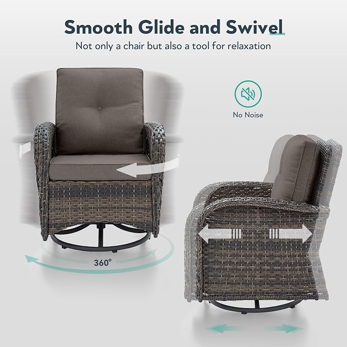 5 Piece Patio Furniture Set - Wicker Patio Conversation Set with Swivel Glider, 3 Seat Sofa, Tempered Glass Side Table and Coffee Table for Deck Backyard - Brown Wicker Grey Cushion