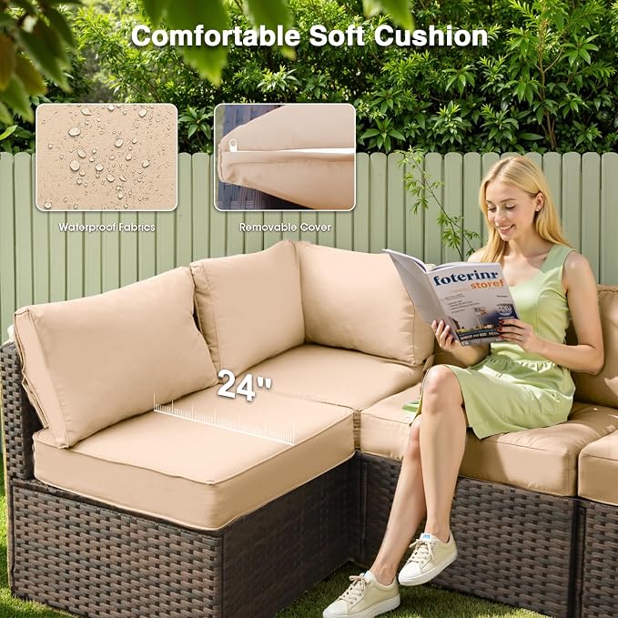 Patio Furniture Set 11 Pieces with 44" Fire Pit Table, Rattan Outdoor Sectional Conversation Sets, All Weather Outdoor Furniture Set with Cushions for Garden Lawn Balcony Porch Deck Beige