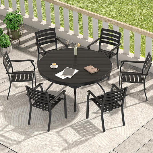 LUMISOL 7-Piece Outdoor Patio Dining Set, 4 Stackable Metal Dining Chairs and 40.6" Round Metal Dining Table, Outdoor Table and Chairs for Lawn Garden Backyard, Black