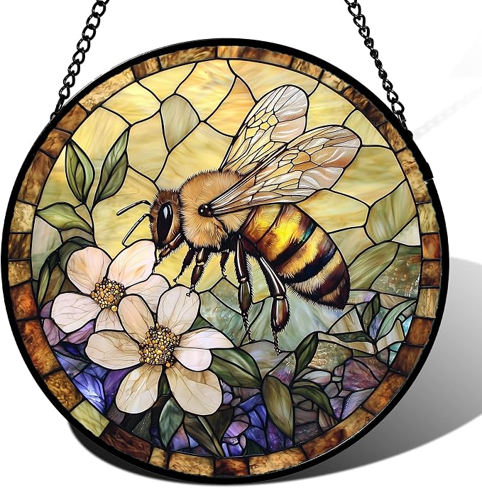 Stained Glass Window Hanging, Vintage Bee Yellow Flower Sun Catcher for Window Door Home Decor Suncatcher Christmas Mother's Day Birthday Gifts for Women Men Mom and Nana 11.8 in