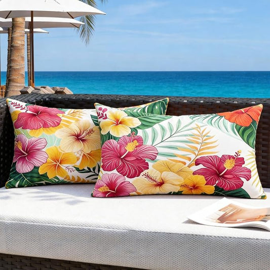 Outdoor Pillow Covers 12x20 Inch Set of 2, Tropical Floral Plants Boho Throw Pillows Cases Waterproof Square Garden Cushion Sham for Patio Funiture Tent Balcony Bench Sofa Couch, Yellow Green
